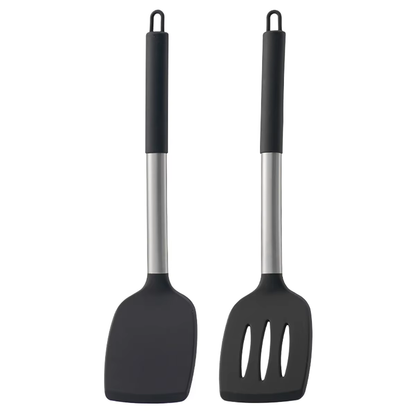 Two black kitchen utensils with metal handles on a white background