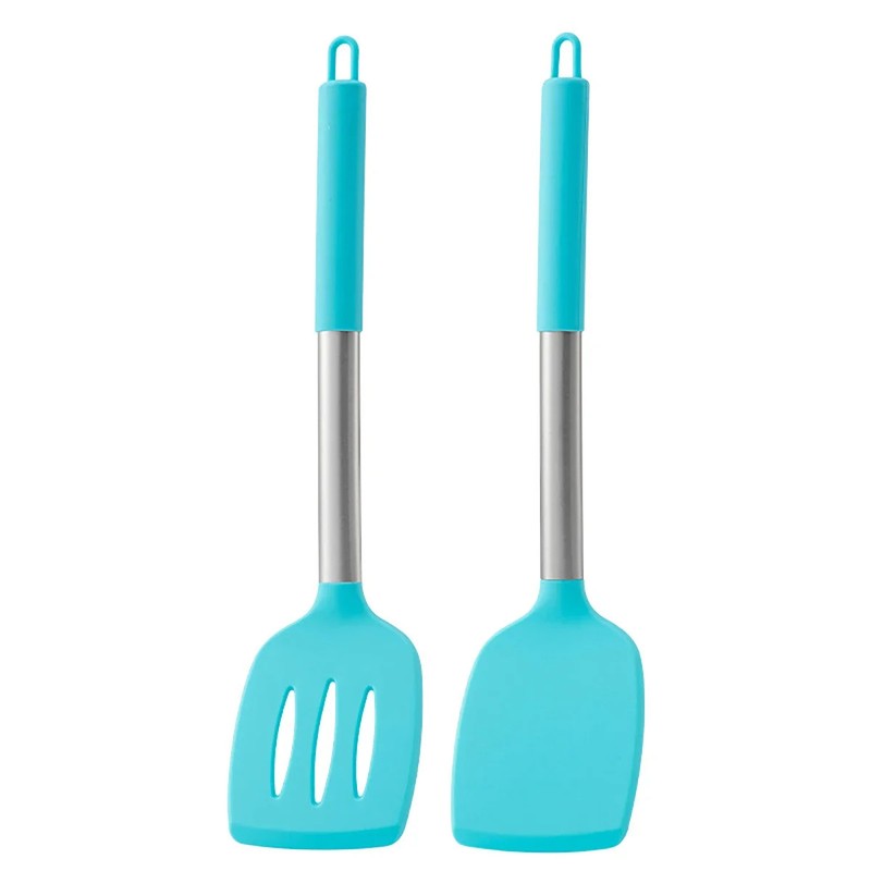 Two turquoise kitchen utensils with metal handles on a white background