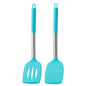 Two turquoise kitchen utensils with metal handles on a white background