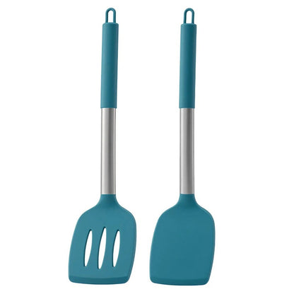 Two blue kitchen utensils with metal handles on a white background