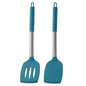 Two blue kitchen utensils with metal handles on a white background