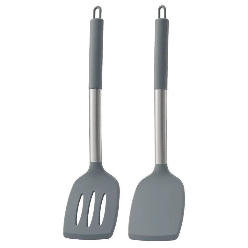 Two gray kitchen utensils with silicone heads on a white background