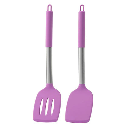 Two purple kitchen utensils with metal handles on a white background