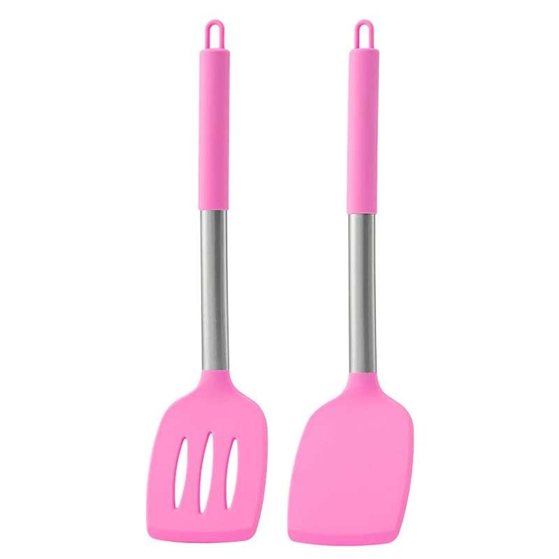Two pink spatulas with metal handles on a white background