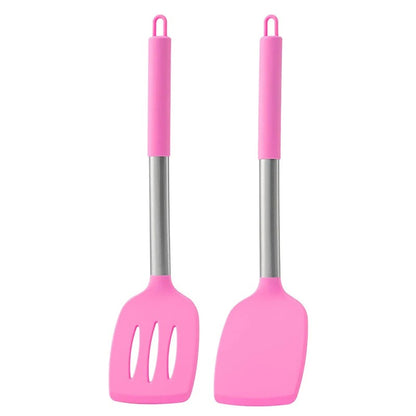 Two pink spatulas with metal handles on a white background