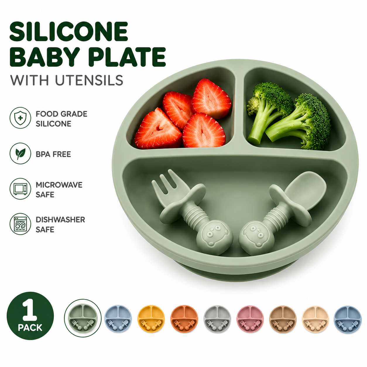 Silicone Baby Plate Set with Spoon & Fork – BPA-Free Divided Toddler Feeding Tray