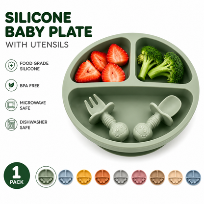 Silicone Baby Plate Set with Spoon & Fork – BPA-Free Divided Toddler Feeding Tray