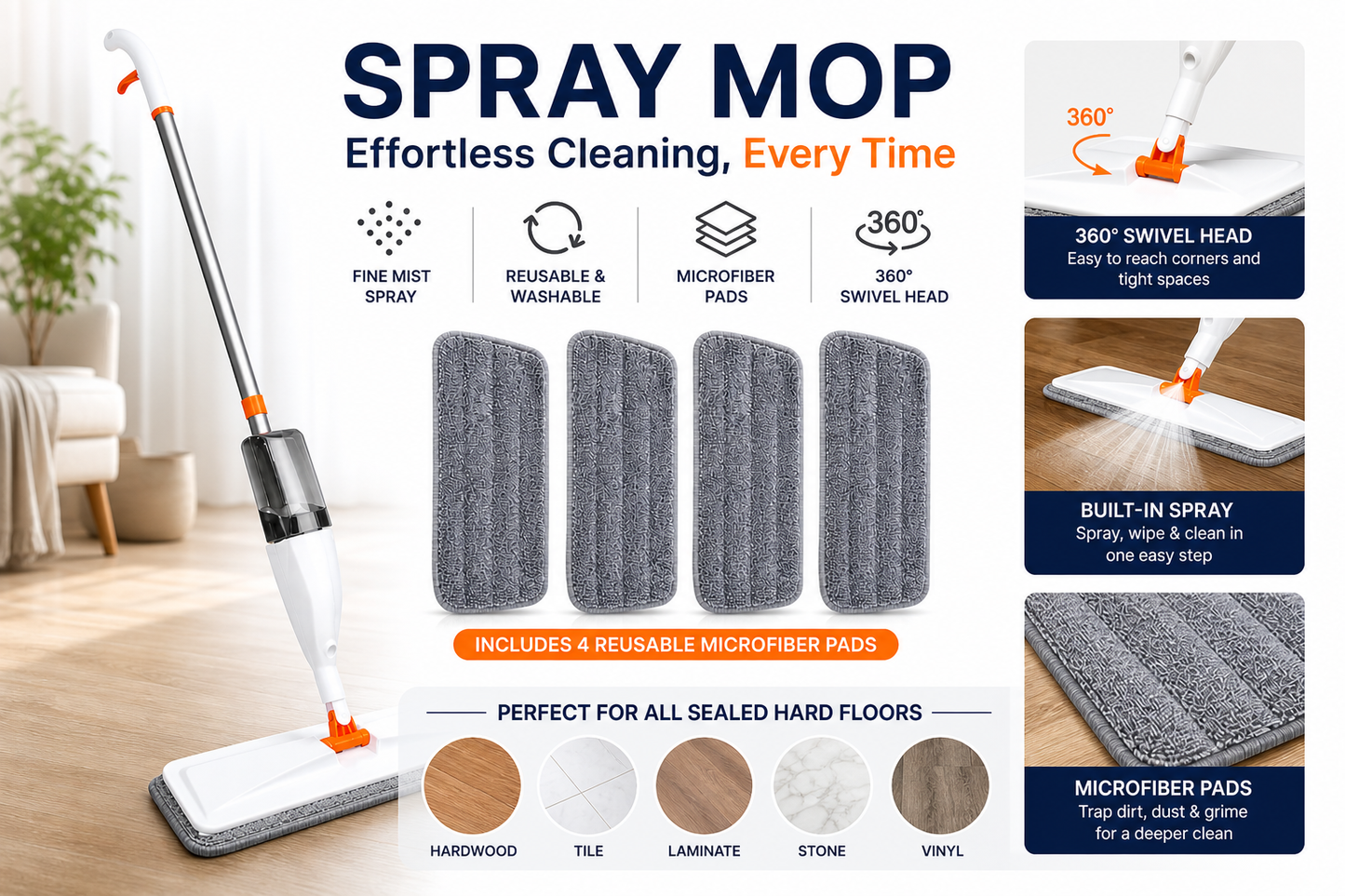 Purease Spray Mop with Microfiber Pads – Wet & Dry Rotating Floor Cleaner