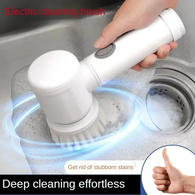 Electric cleaning brush being used in a sink with text highlighting its features.