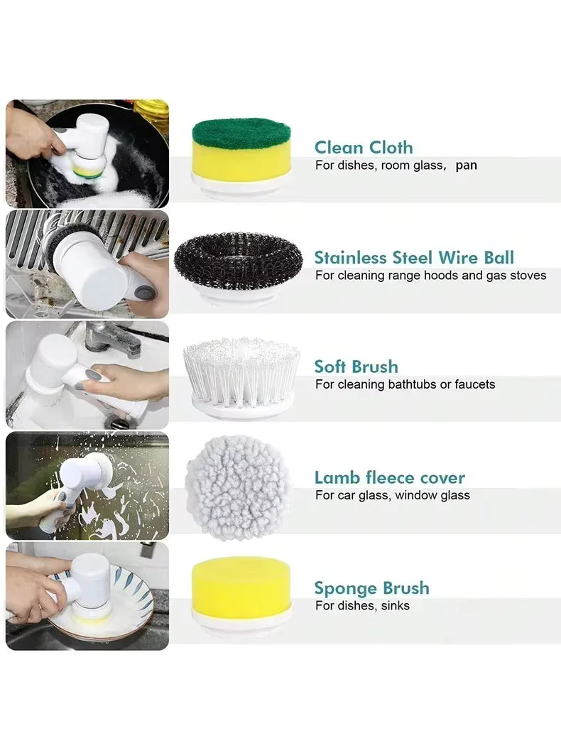 Set of cleaning tools including a clean cloth, stainless steel wire ball, soft brush, lamb fleece cover, and sponge brush with usage examples.