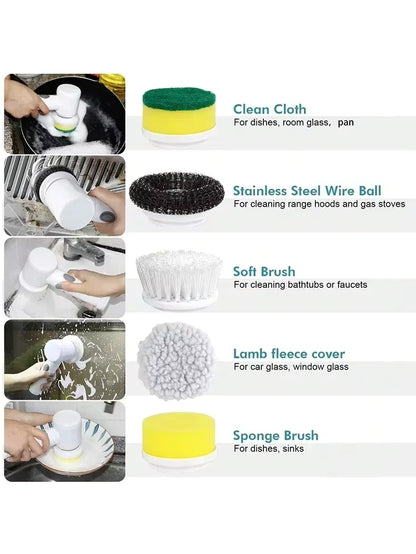 Set of cleaning tools including a clean cloth, stainless steel wire ball, soft brush, lamb fleece cover, and sponge brush with usage examples.