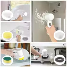 Multifunctional cleaning tool being used on various surfaces including a sink, shower door, and stove.