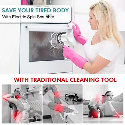 Woman cleaning an oven with pink gloves, text about electric spin scrubber, and body strain icons.