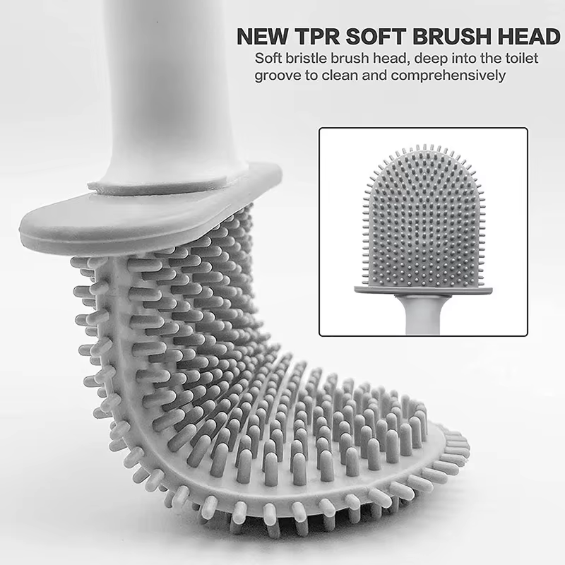 Silicone Toilet Brush Set Long Handle Flexible Head Wall Mounted Holder