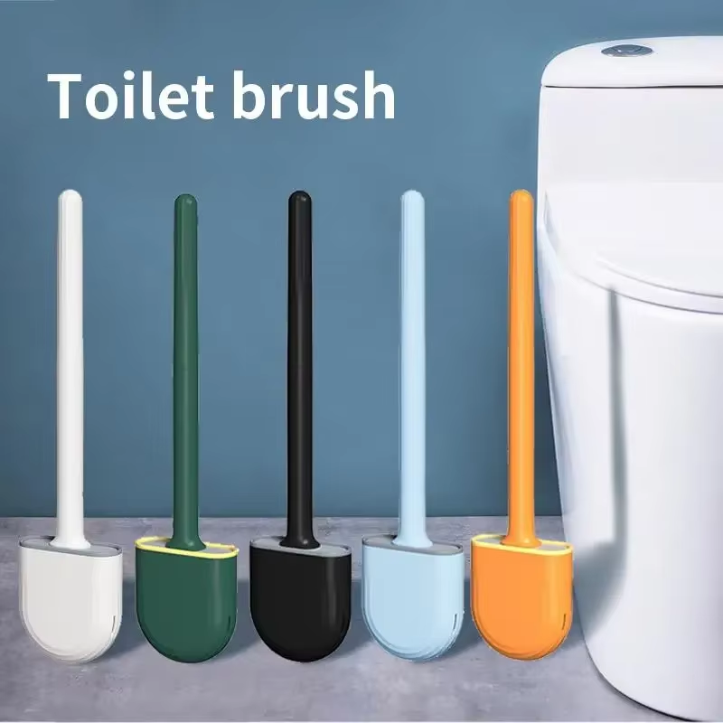 Silicone Toilet Brush Set Long Handle Flexible Head Wall Mounted Holder