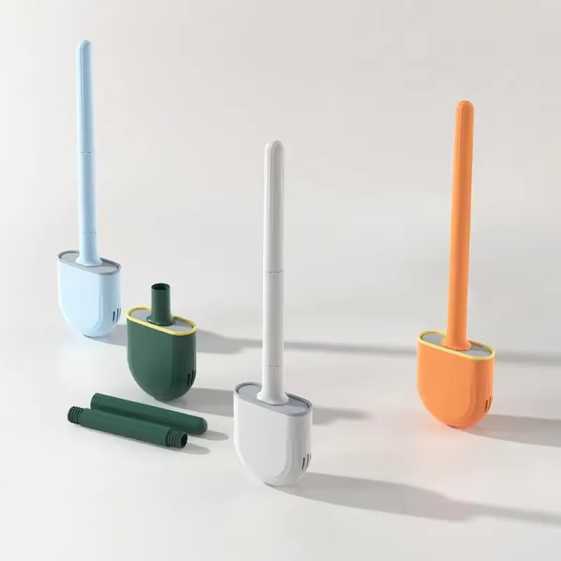 Silicone Toilet Brush Set Long Handle Flexible Head Wall Mounted Holder
