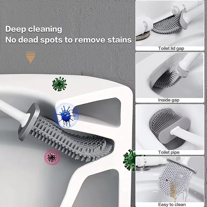 Silicone Toilet Brush Set Long Handle Flexible Head Wall Mounted Holder