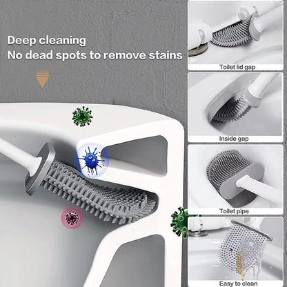 Silicone Toilet Brush Set Long Handle Flexible Head Wall Mounted Holder