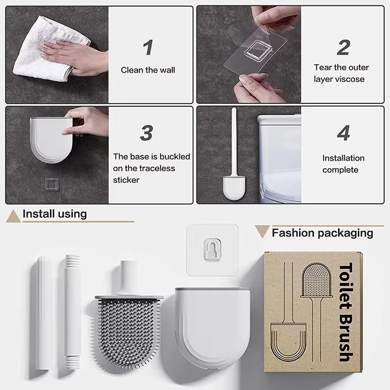 Silicone Toilet Brush Set Long Handle Flexible Head Wall Mounted Holder