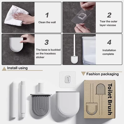 Silicone Toilet Brush Set Long Handle Flexible Head Wall Mounted Holder