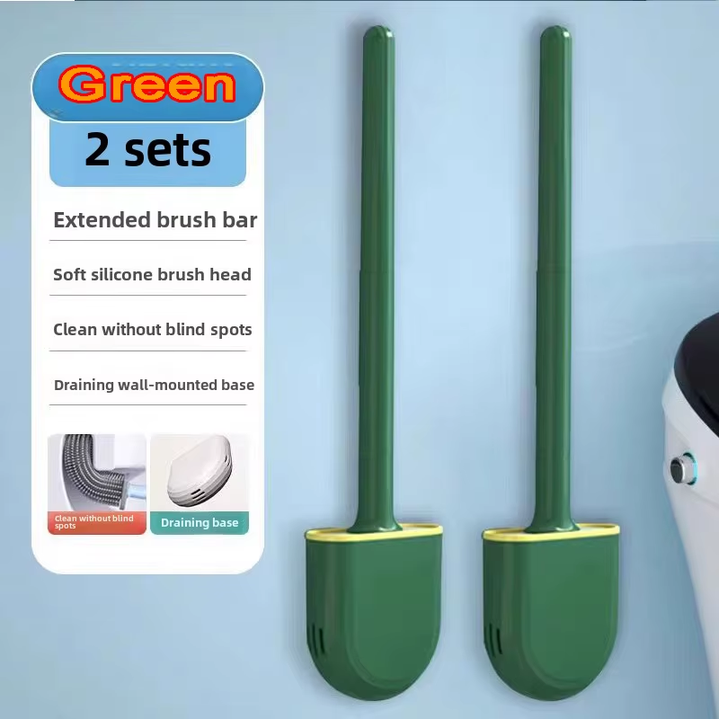 Silicone Toilet Brush Set Long Handle Flexible Head Wall Mounted Holder