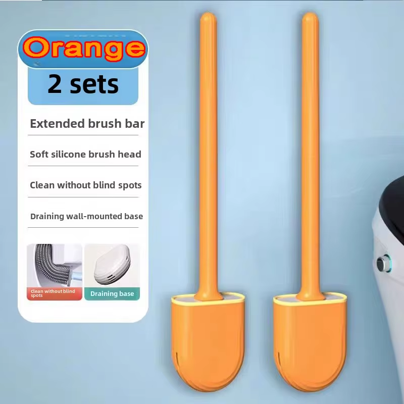 Silicone Toilet Brush Set Long Handle Flexible Head Wall Mounted Holder