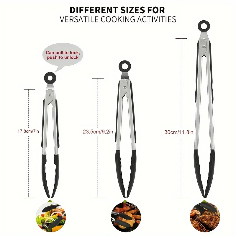 Stainless steel kitchen tongs with silicone tips, heat resistant locking design for cooking and BBQ – Purease