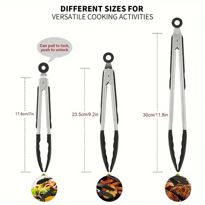Stainless steel kitchen tongs with silicone tips, heat resistant locking design for cooking and BBQ – Purease