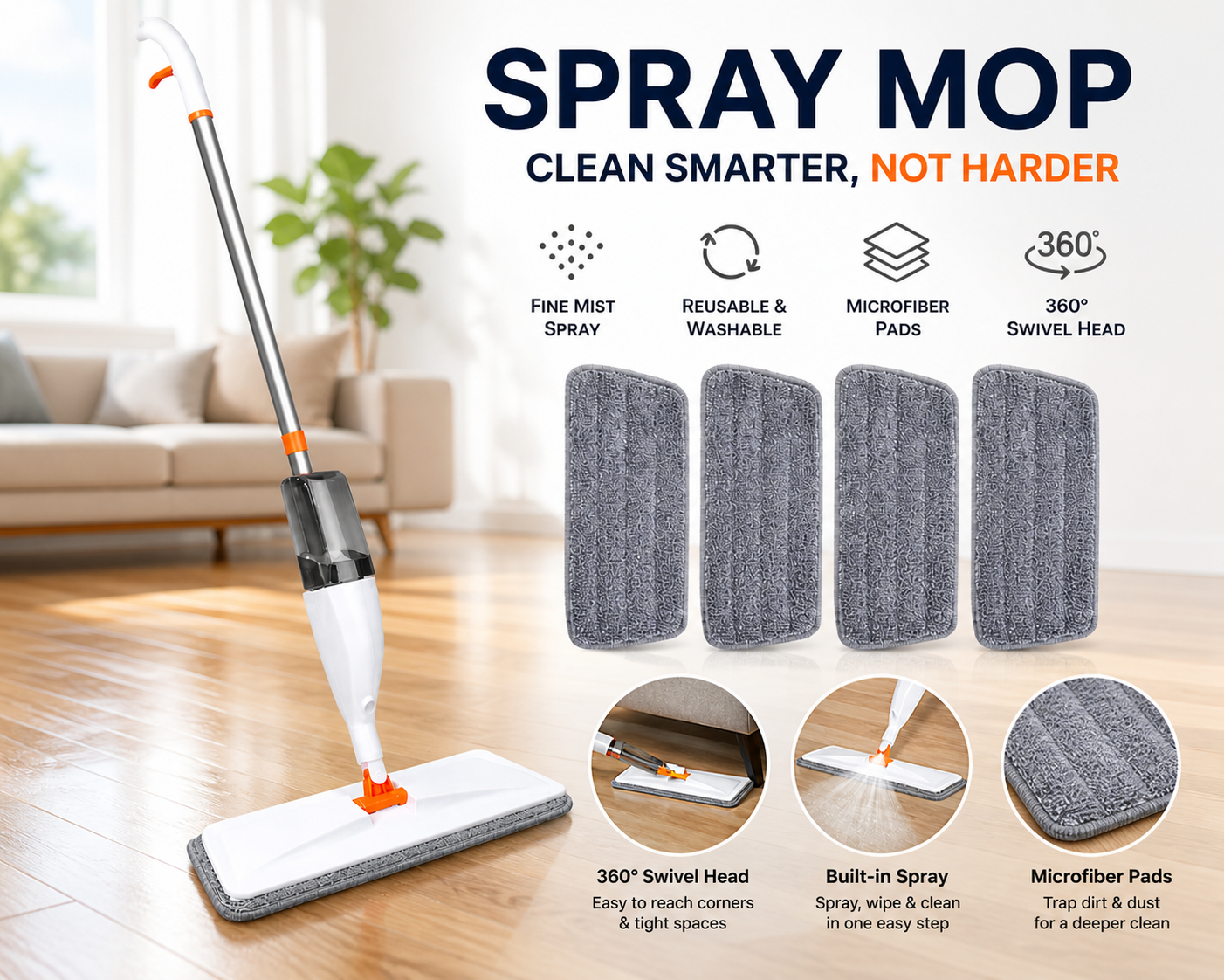Purease Spray Mop with Microfiber Pads – Wet & Dry Rotating Floor Cleaner