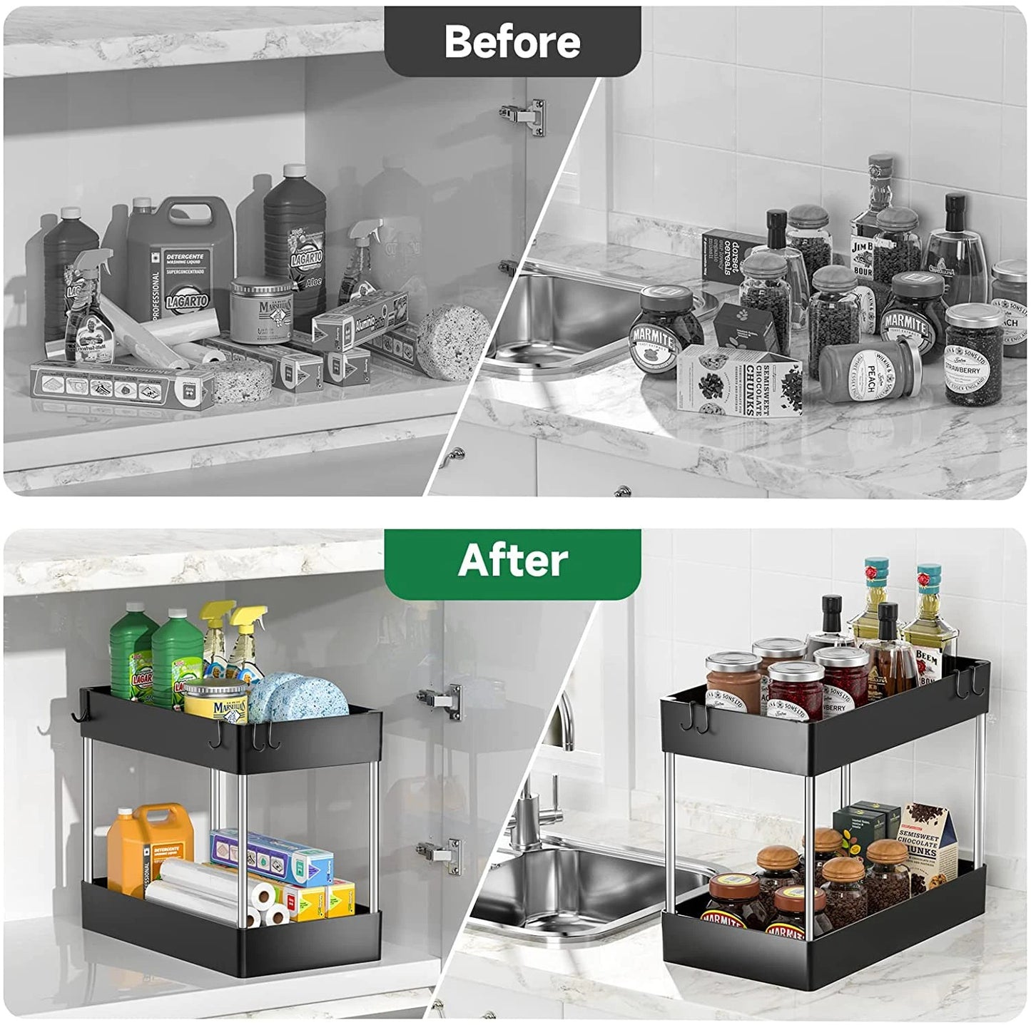 2 Tier Under Sink Storage Organiser – Kitchen & Bathroom Cabinet Rack