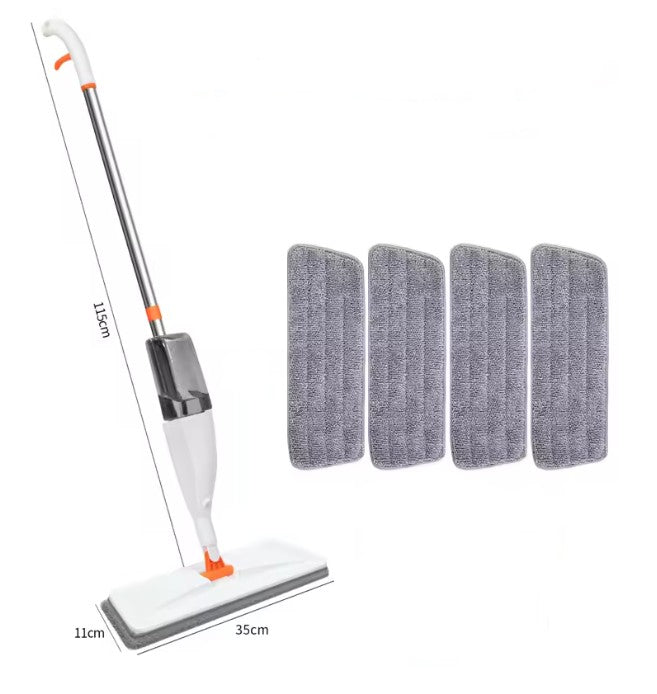 Cleaning tool with a flat mop head and four replacement pads on a white background