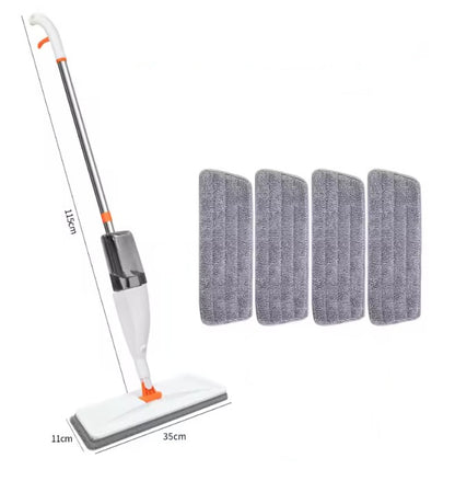 Cleaning tool with a flat mop head and four replacement pads on a white background