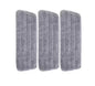 Three gray microfiber mopping pads on a white background